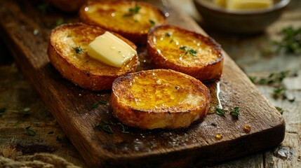 Golden Brown French Toast Slices Topped with Butter and Syrup