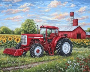 Naklejka premium Red Tractor in Sunflower Field Against Rural Barn Landscape