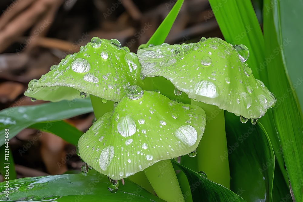 Poster A zoomed-in view of water droplets on a leaf, creating a natural dotted pattern.