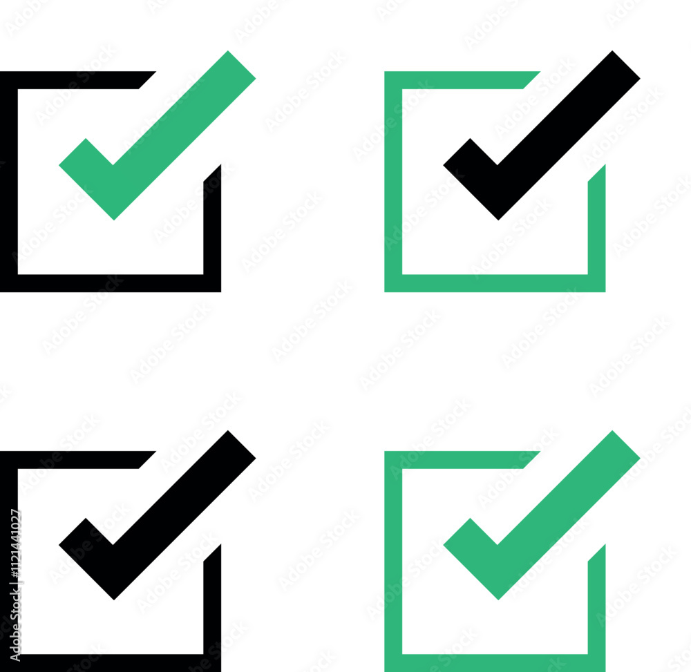 Poster check mark icon button set. check box icon with right or correct buttons and yes checkmark tick box 