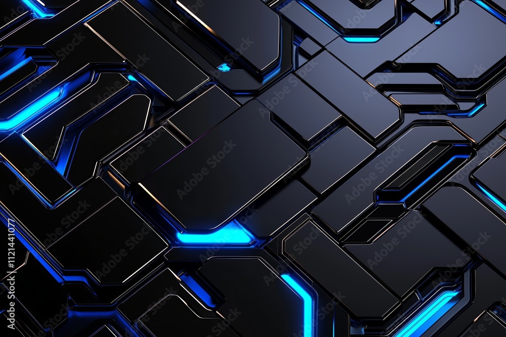 Poster a texture of overlapping metal plates in a futuristic design with glowing blue seams.