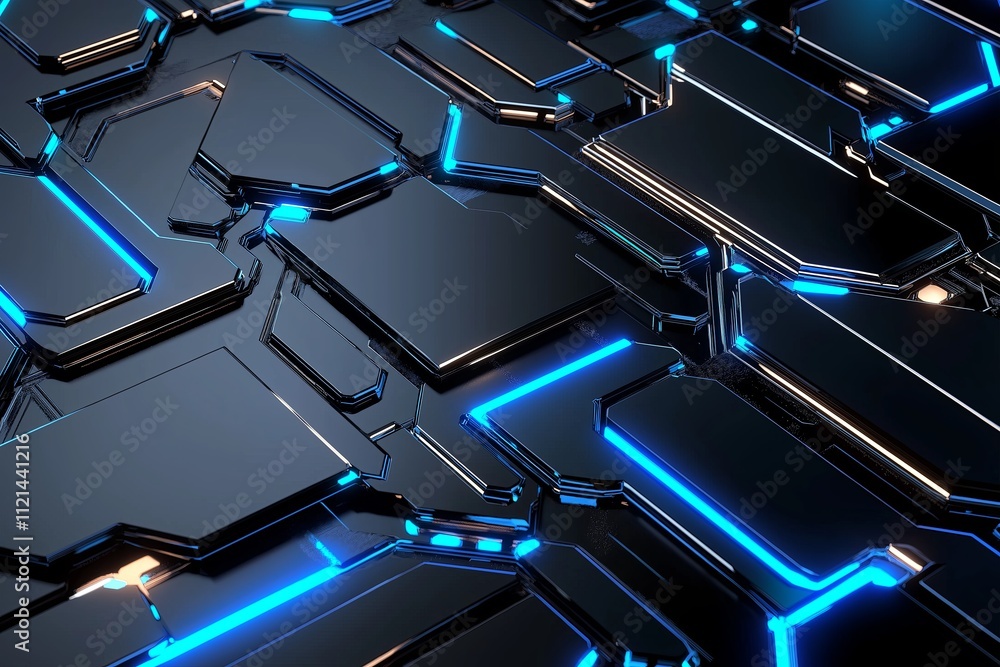 Poster a texture of overlapping metal plates in a futuristic design with glowing blue seams.