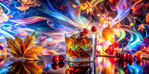 Surreal Boozy Maple Syrup Old Fashioned Cocktail with Dreamlike Elements in a Whimsical Setting