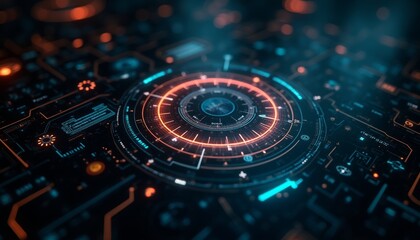 A futuristic digital interface with various holographic displays, glowing lines, and a central circular element resembling a technological device or mechanism. The background has a dark, moody atmosph