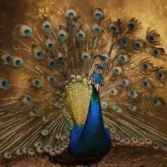 Obraz premium A peacock spreading its feathers in front of a soft golden background.
