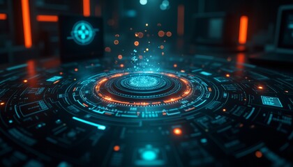 A futuristic digital interface with various holographic displays, glowing lines, and a central circular element resembling a technological device or mechanism. The background has a dark, moody atmosph
