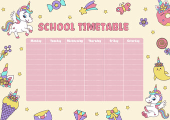 Unicorn school timetable. Timetable with magic elements and unicorns.