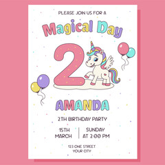 Unicorn invitation. Birthday party invitation card with unicorn and birthday anniversary number.