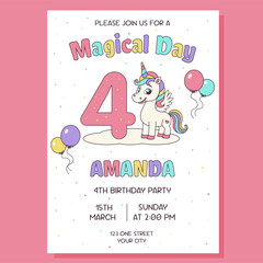 Unicorn invitation. Birthday party invitation card with unicorn and birthday anniversary number.