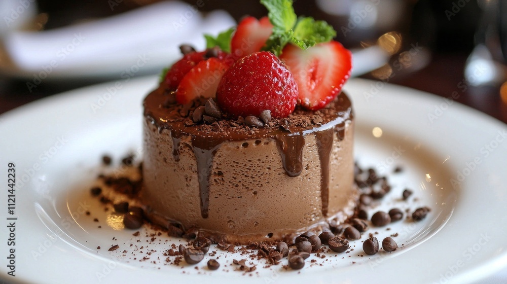 Poster rich mocha mousse topped with vibrant strawberries and curls of chocolate sits elegantly on a plate,