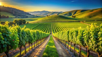 Naklejka premium Vineyard Rows Overlooking a Lush Grape Field in a Summer Valley - Macro Photography of Wine Farm Landscape, Nature's Bounty, and Agricultural Beauty