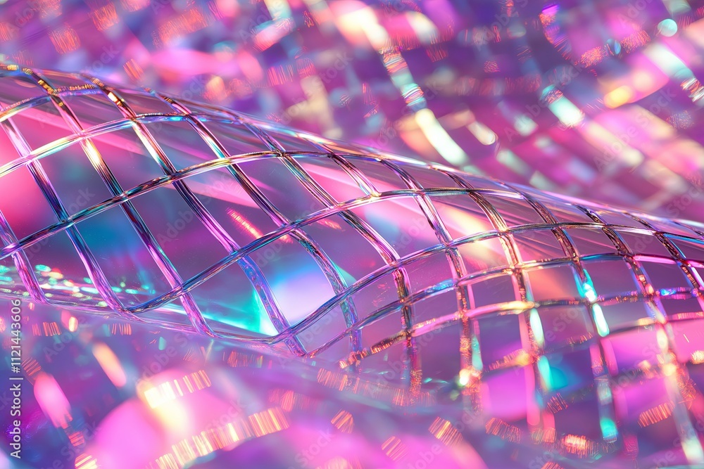 Poster a shimmering holographic film pattern with dynamic rainbow reflections.