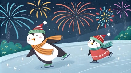 Whimsical Christmas Penguins Ice Skating Illustration with Winter Fireworks, Holiday Season Cartoon Characters, Festive Night Scene with Playful Arctic Animals
