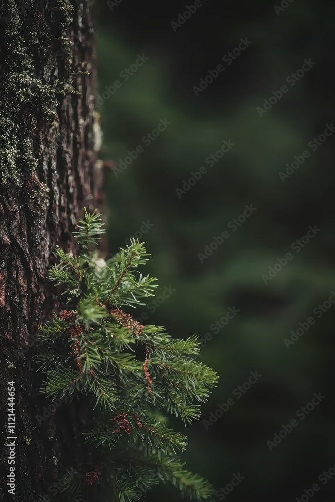 Poster close-up view of evergreen branch on tree bark in dark forest