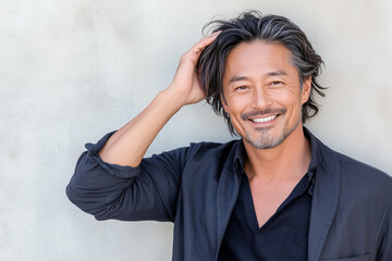 髪を触る中年男性、40〜50代、笑顔、ヘアケア、白髪