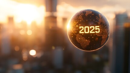 Futuristic globe highlighting the year 2025 at sunset