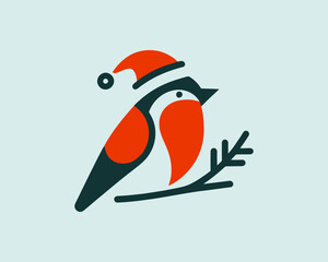 Christmas Robin Bird Santa Claus Cap Logo Design Icon Vector Illustration. Merry Christmas