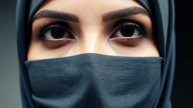 Close up of female in hijab veil eyes conveying deep emotions, subtly blinking and showcasing an intense gaze