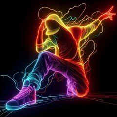 illustration of a hip-hop dancer in vibrant line style neon colors