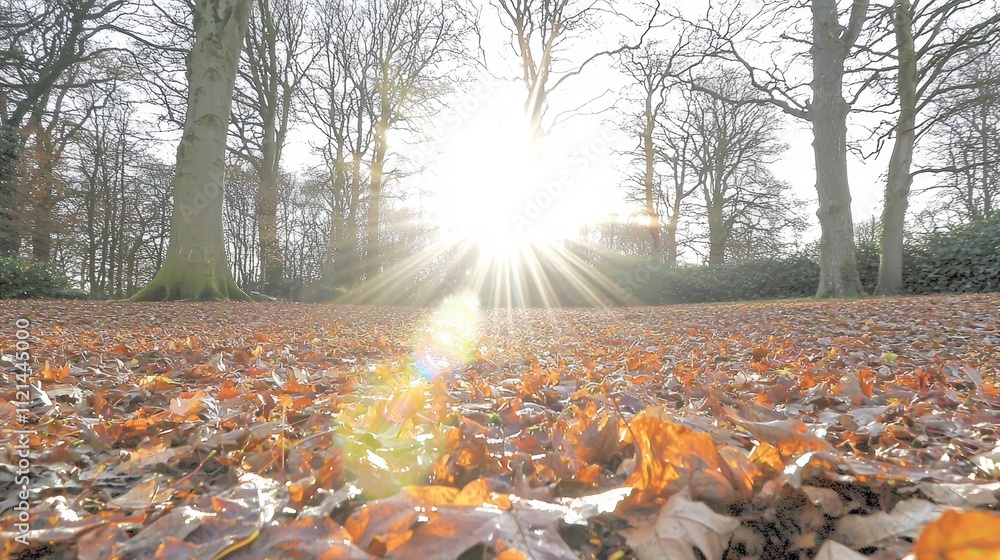 Poster sunlight through trees with leafy ground in autumn forest scene
