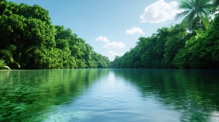 Fototapeta premium Serene river landscape surrounded by lush green foliage.