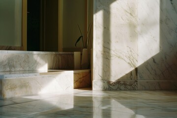 Sunlight casts geometric shadows on polished marble stairs, highlighting their elegance and the serene atmosphere of the space.