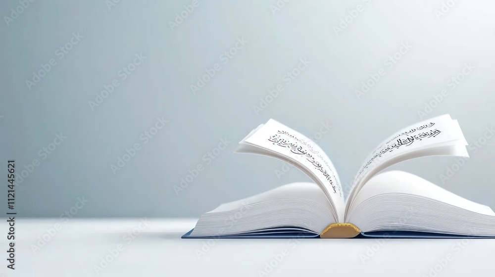 Poster an open book with pages fanned out against a simple background.