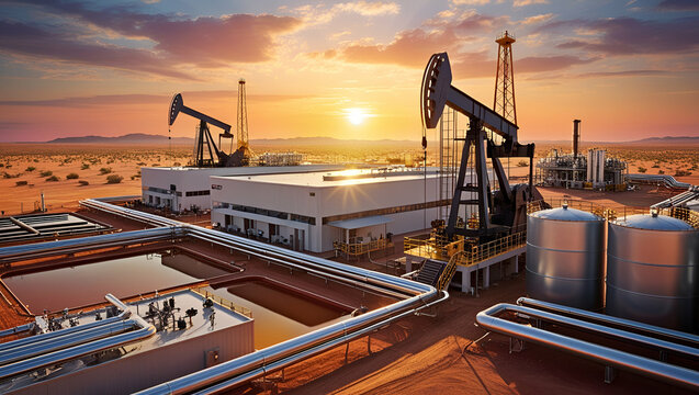 oil pump jack in a refinery at sunset., A silhouetted oil pump jack against a vibrant sunset, symbolizing the oil industry and energy production. Generative Ai