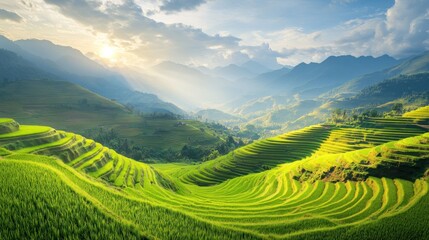 Fototapeta premium Breathtaking Sunrise Over Lush Green Rice Terraces in Vietnam's Mountains