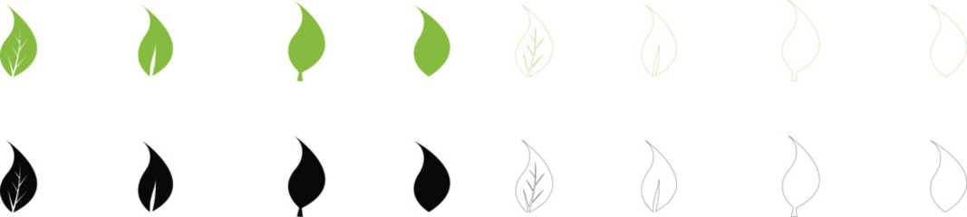 Set of green and black leaf icons. Leaf Shapes Collection ecology nature element eco, bio, Environment, vegan labels flat and line vector. Trees and plants Leaves isolated on transparent background.