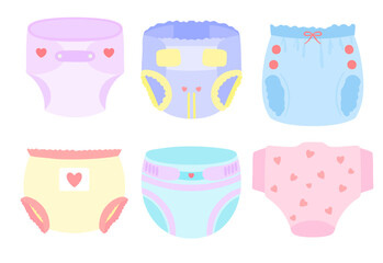 Baby diapers set of vector illustrations. Diapers types, diaper changing, infant hygiene clip art
