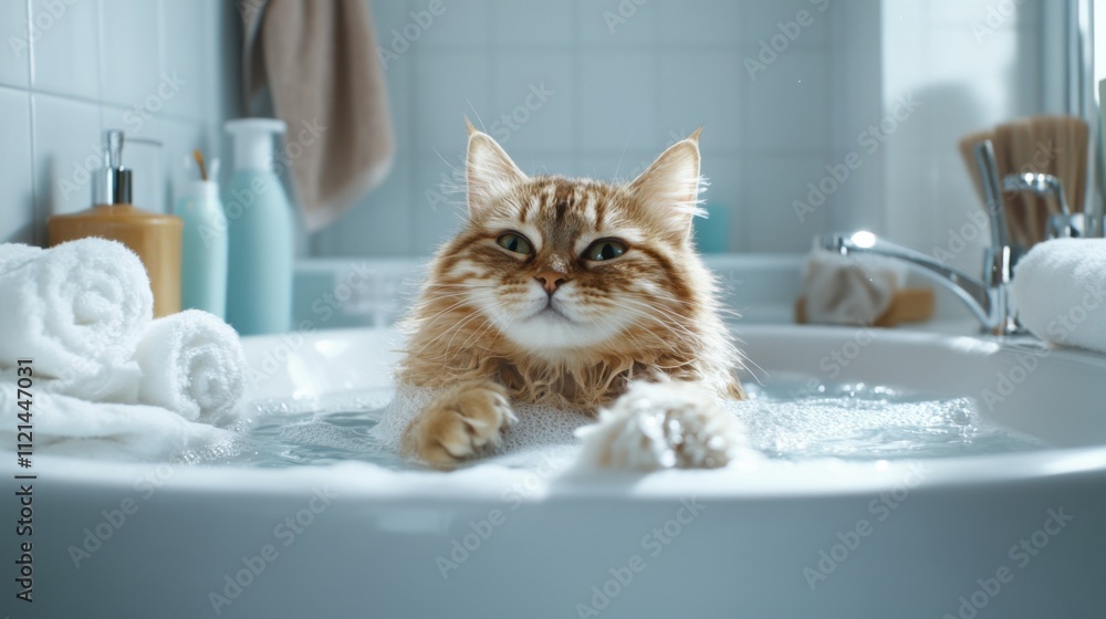 Poster playful cat enjoying a relaxing bath in a modern bathroom setting