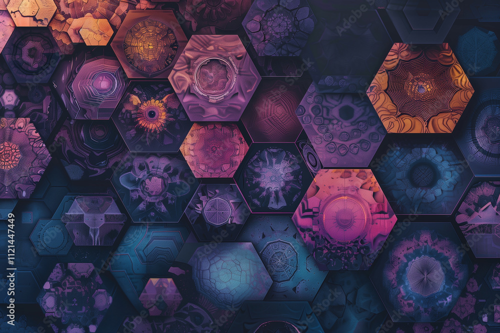 Poster hexagonal shapes filled with intricate patterns and gradients.