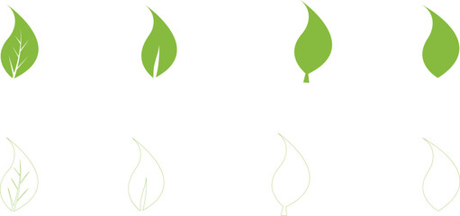 Set of green leaf icons. Leaf Shapes Collection ecology nature element eco, bio, Environment, vegan labels flat and line vector. Trees and plants Leaves isolated on transparent background.