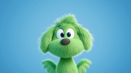 Cartoon green dog with angel wings floating against a bright blue background