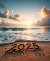 2025 is etched in sand on beach at sunset. Waves gently lap at shore. Golden sunset light illuminate 
