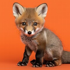 Obraz premium Cute Young Fox with Expressive Eyes Posing Against Orange Background