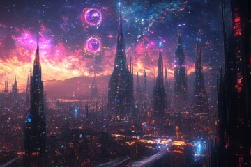 Obraz premium Futuristic Cityscape with Glowing Towers and a Starry Sky