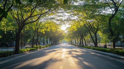 Serene Morning Stroll: Sunlit Avenue Lined with Lush Green Trees