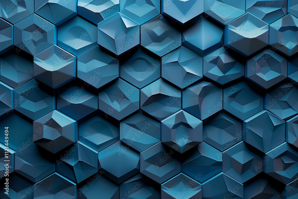 Poster interlocking hexagonal shapes in varying shades of blue, creating a modern and geometric pattern.