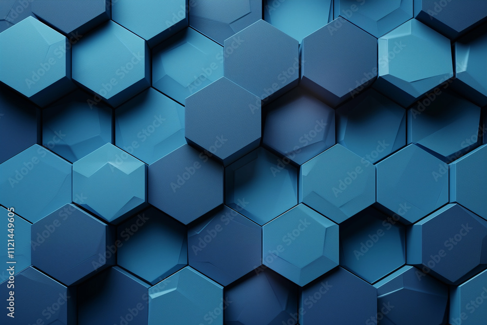 Poster interlocking hexagonal shapes in varying shades of blue, creating a modern and geometric pattern.