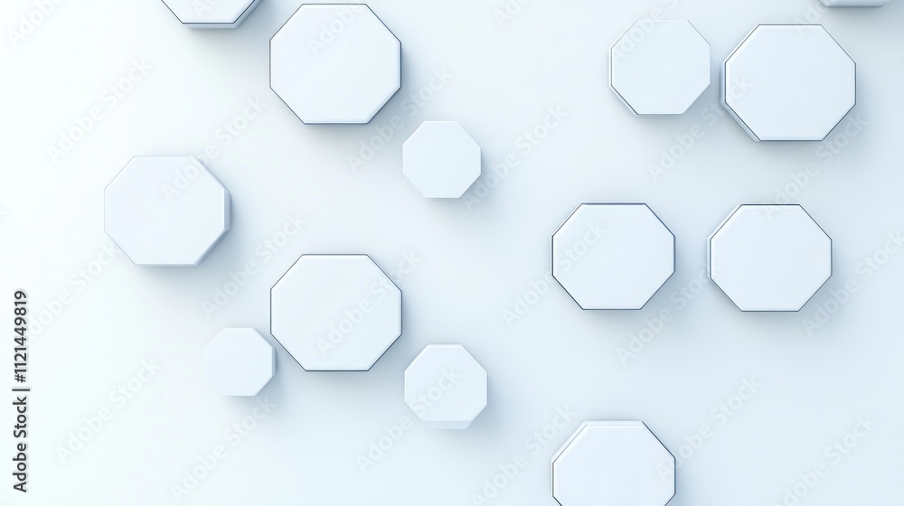 Poster abstract arrangement of white hexagonal shapes on a light background.