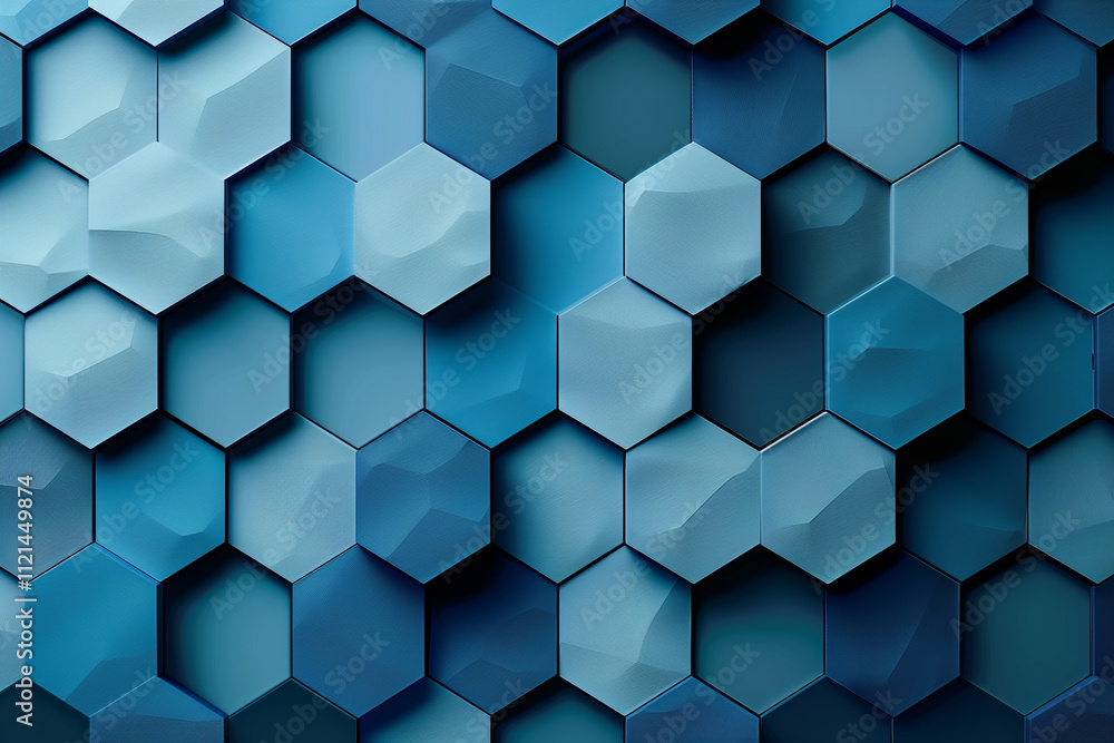 Poster interlocking hexagonal shapes in varying shades of blue, creating a modern and geometric pattern.