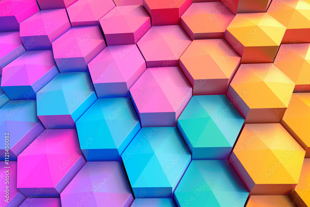 Poster colorful hexagonal tiles with subtle gradients, arranged in a dynamic honeycomb pattern.