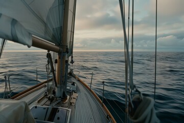A solitary sailboat glides on a serene sea under a cloud-streaked sky, capturing the tranquility and freedom of open water.