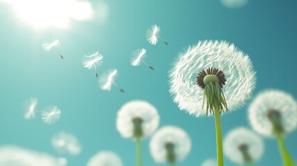 Close-up view of dandelions with fluffy seeds drifting in bright blue sky