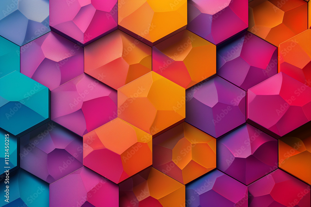 Poster colorful hexagonal tiles with subtle gradients, arranged in a dynamic honeycomb pattern.