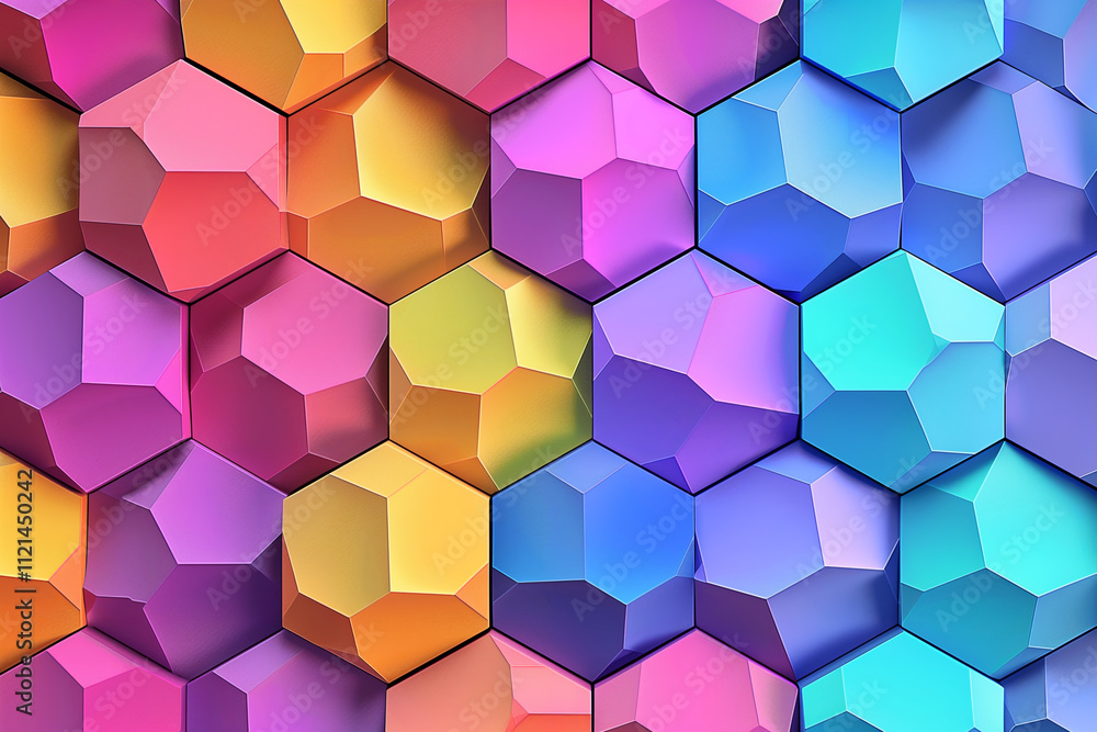 Poster colorful hexagonal tiles with subtle gradients, arranged in a dynamic honeycomb pattern.