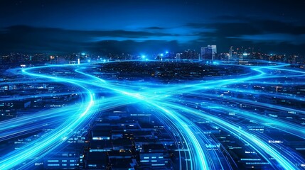 Vibrant cityscape illuminated by dynamic light trails at night showcasing urban connectivity and energy