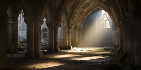 Fototapeta premium An old stone gothic walkway lined with arches